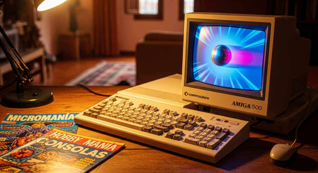 Commodore Amiga 500 en escritorio español con Micromanía y Hobby Consolas, años 80.