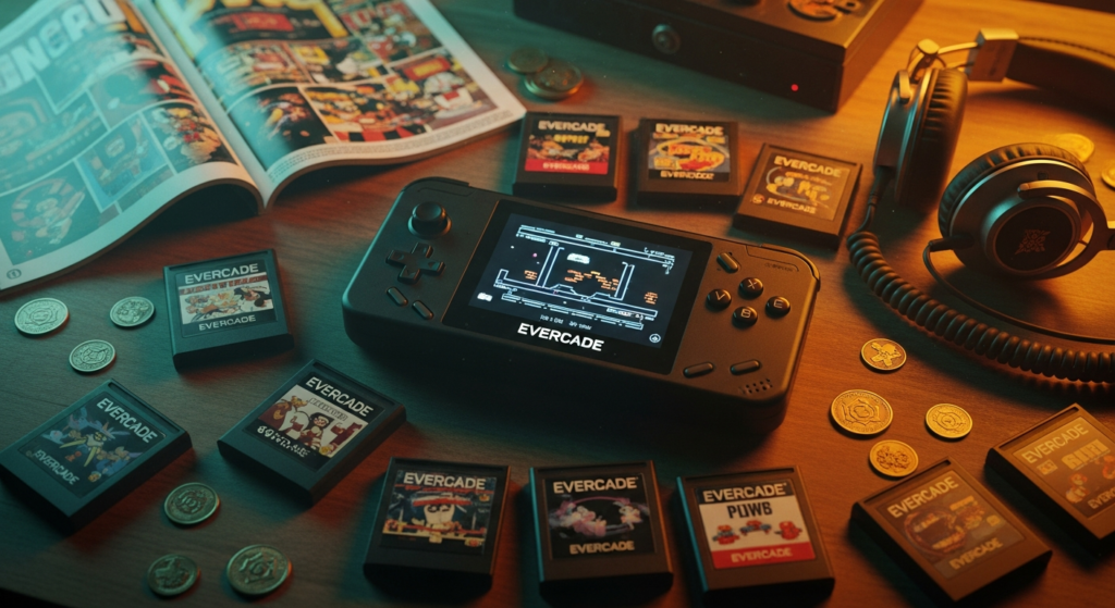 Evercade con cartuchos retro, revista vintage y tokens de arcade sobre escritorio de madera.