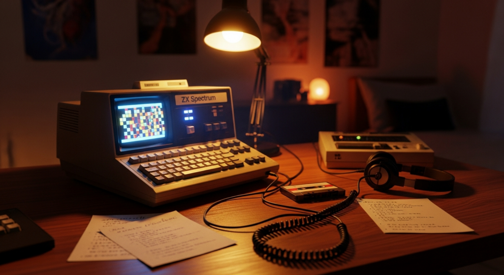 ZX Spectrum en escritorio de los 80 con cassette, código manuscrito y luz nostálgica.