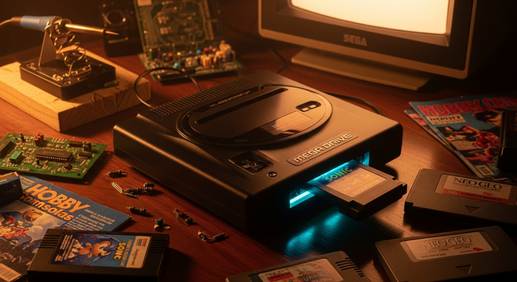 Consola Mega Drive con cartuchos retro, soldador y componentes electrónicos en taller de homebrew.