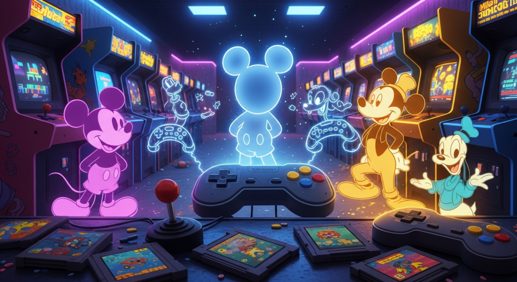 Personajes Disney emergiendo de cabinets arcade retro con joysticks, cartuchos y luces neón de los 80-90.