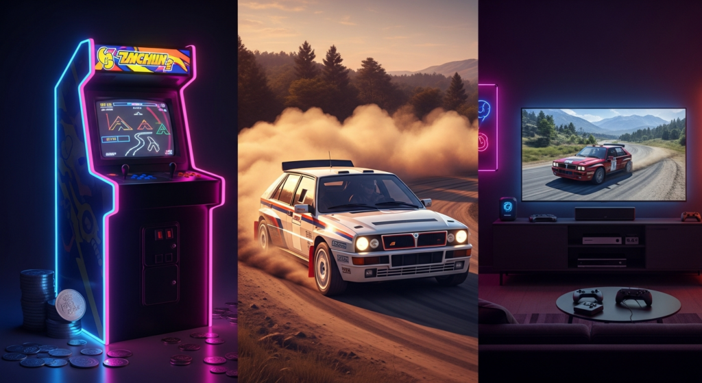 Arcade clásico de rally junto a setup retro moderno, coche Lancia Delta driftando, monedas peseta dispersas.