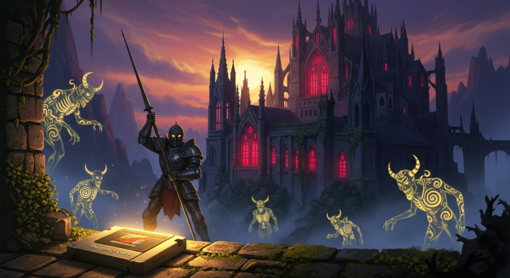 Caballero medieval siluetuado en castillo gótico español al atardecer, rodeado de demonios barrocos, cartucho Mega Drive brillante, arte 16-bit y pintura al óleo.