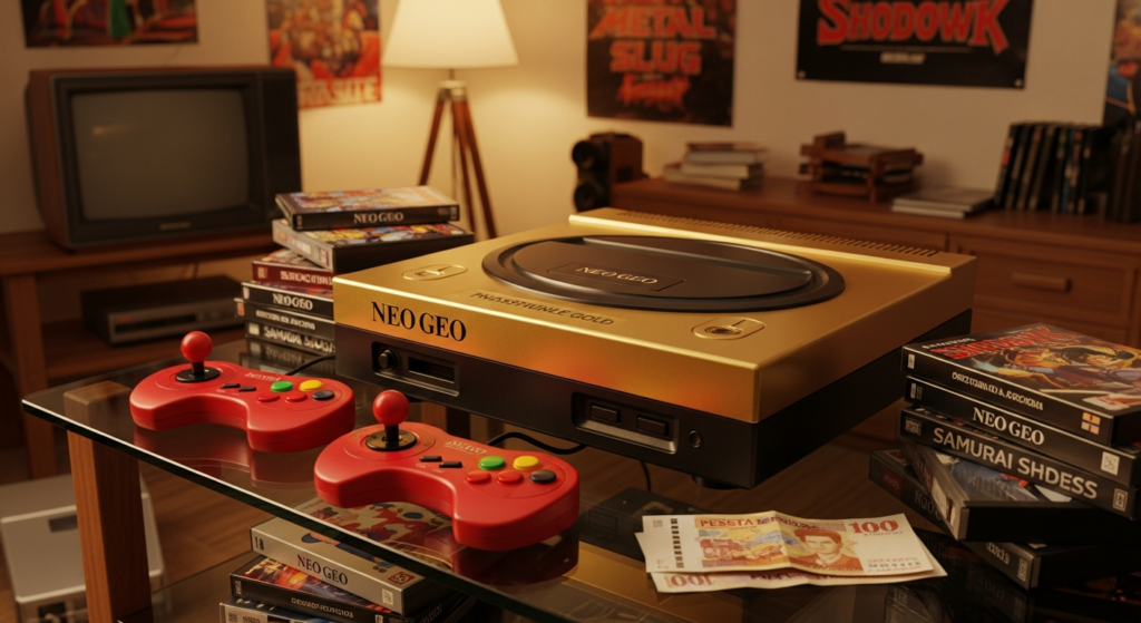 Neo Geo dorado en salón español de los 90, controladores rojos, cartuchos caros y nostalgia de lujo inalcanzable.
