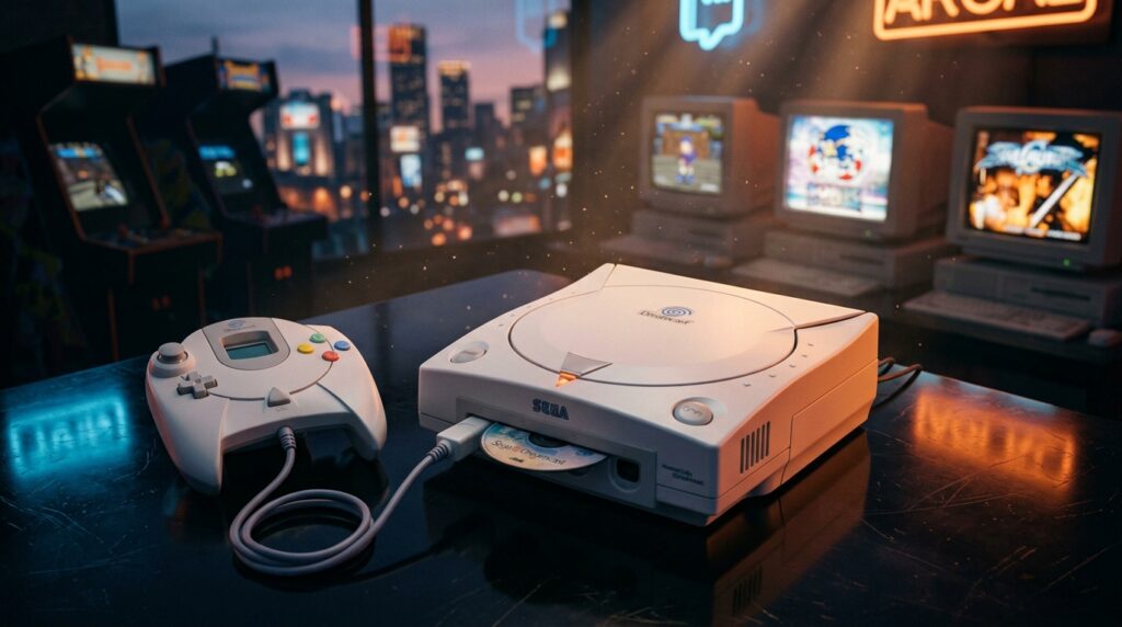 Sega Dreamcast blanca con controlador, luces neon azules y naranjas, fondo arcade retro.