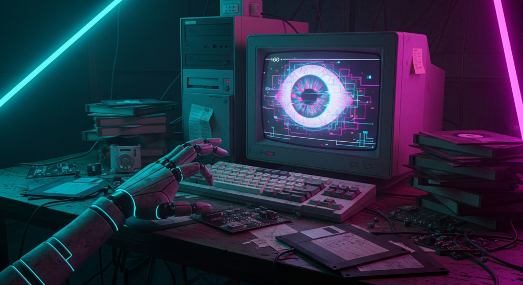 CRT monitor mostrando interfaz SHODAN rodeado de neon ciberpunk, mano androides y disquetes de los 90s.