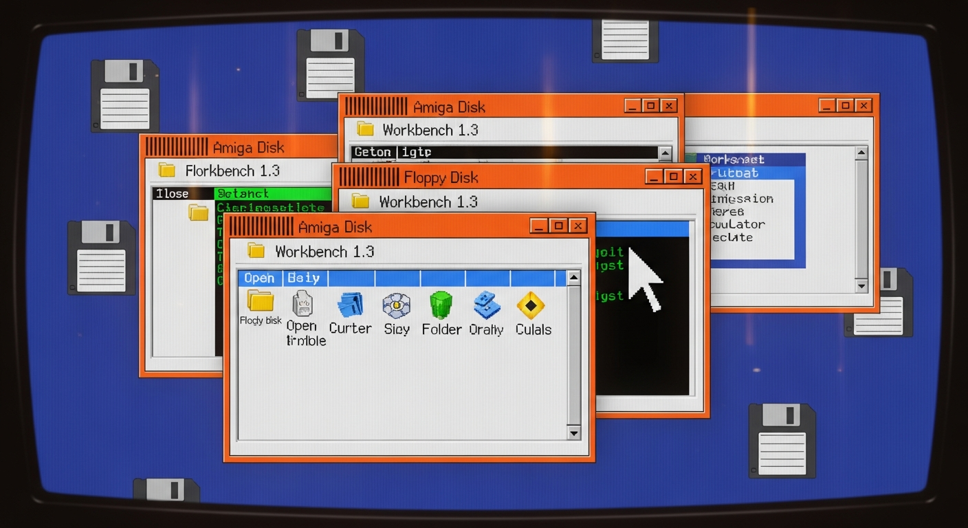 Interfaz Workbench 1.3 del Amiga con ventanas, iconos de disquetes y paleta azul-naranja característica de los 80
