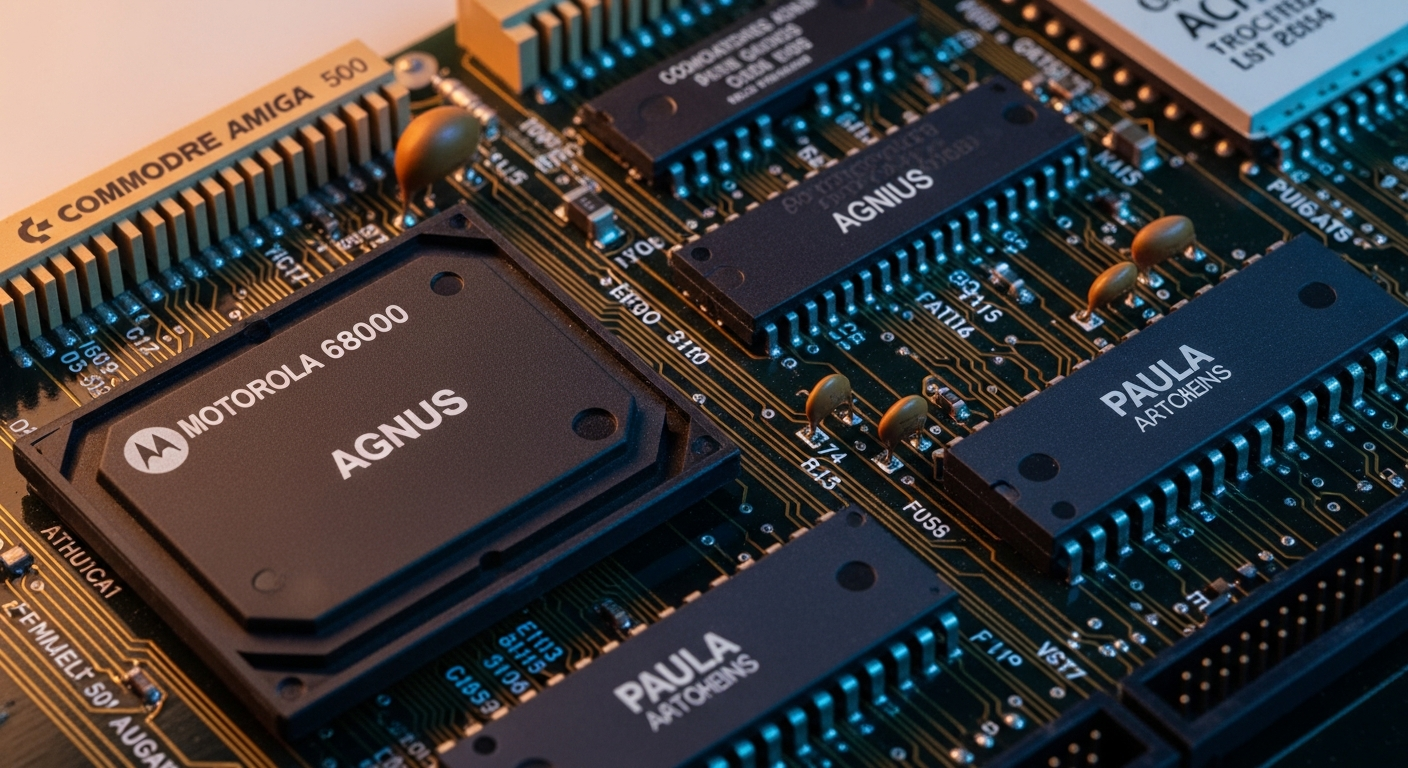 Placa base Amiga 500: chips Agnus, Denise, Paula y CPU Motorola 68000 etiquetados.