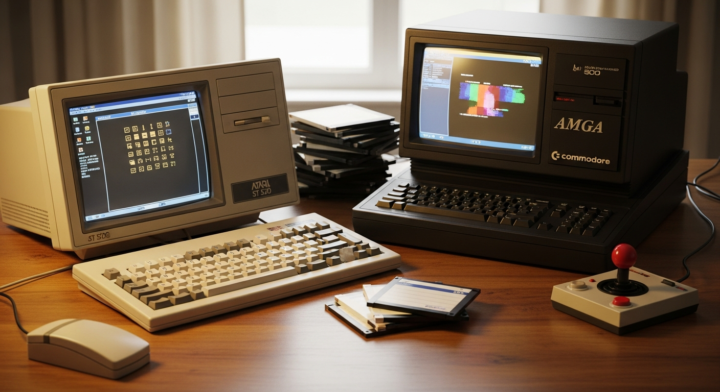 Atari ST 520 y Commodore Amiga 500 encendidas mostrando sistemas operativos, escritorio años 80.