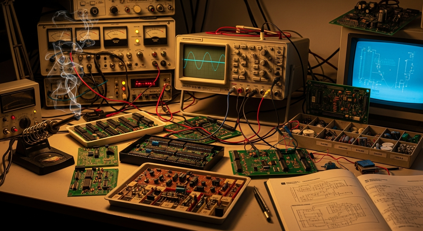 Jay Miner en su laboratorio diseñando el prototipo del Amiga, rodeado de circuitos electrónicos, años 80.