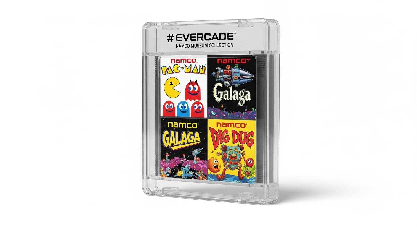 Caja de Evercade Namco Museum Collection con arte de juegos arcade clásicos visibles.