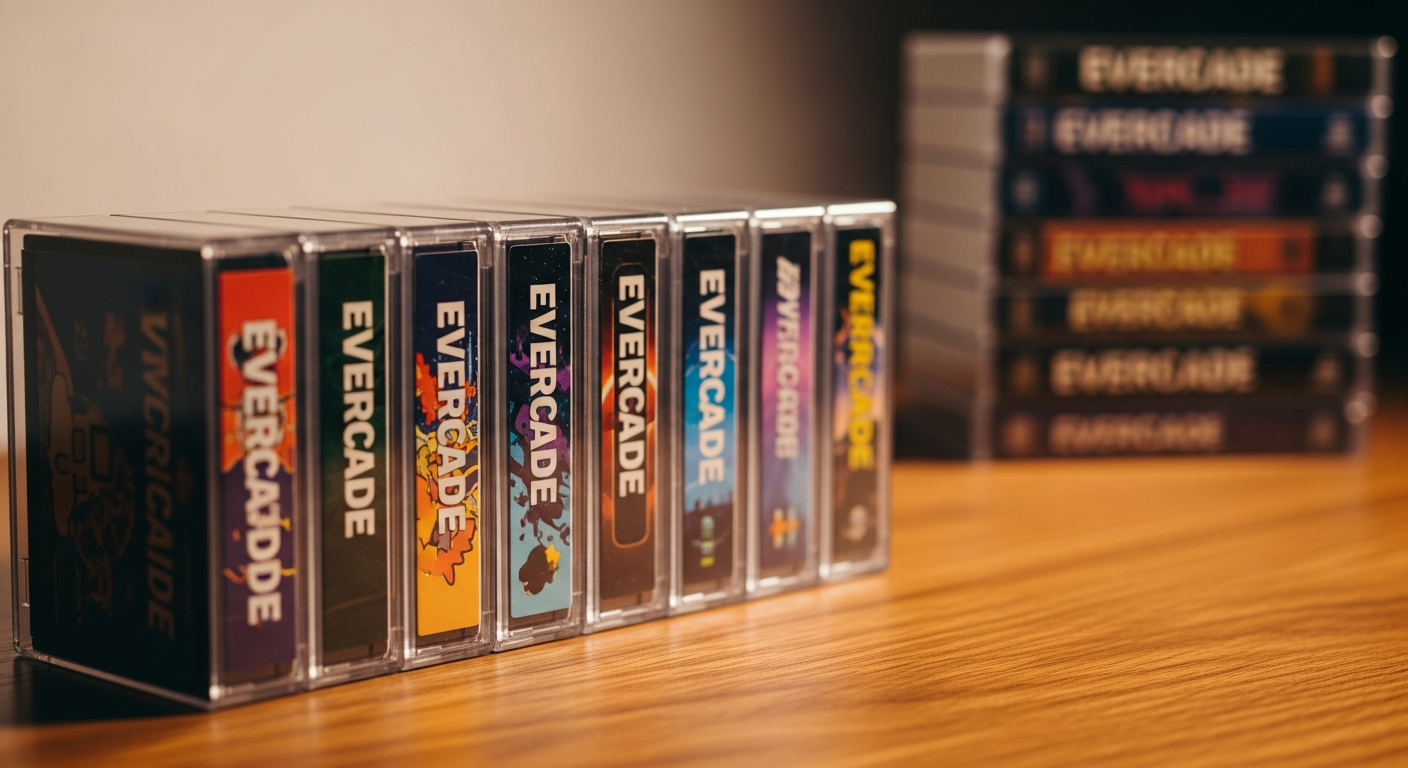 Cartuchos Evercade alineados mostrando sus etiquetas coloridas y estuches transparentes sobre escritorio de madera.