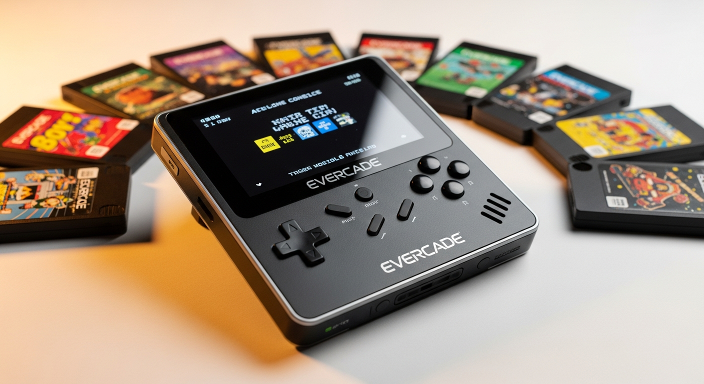 Cartel de precios de lanzamiento de Evercade en 2020, £59.99 y cartuchos individuales.