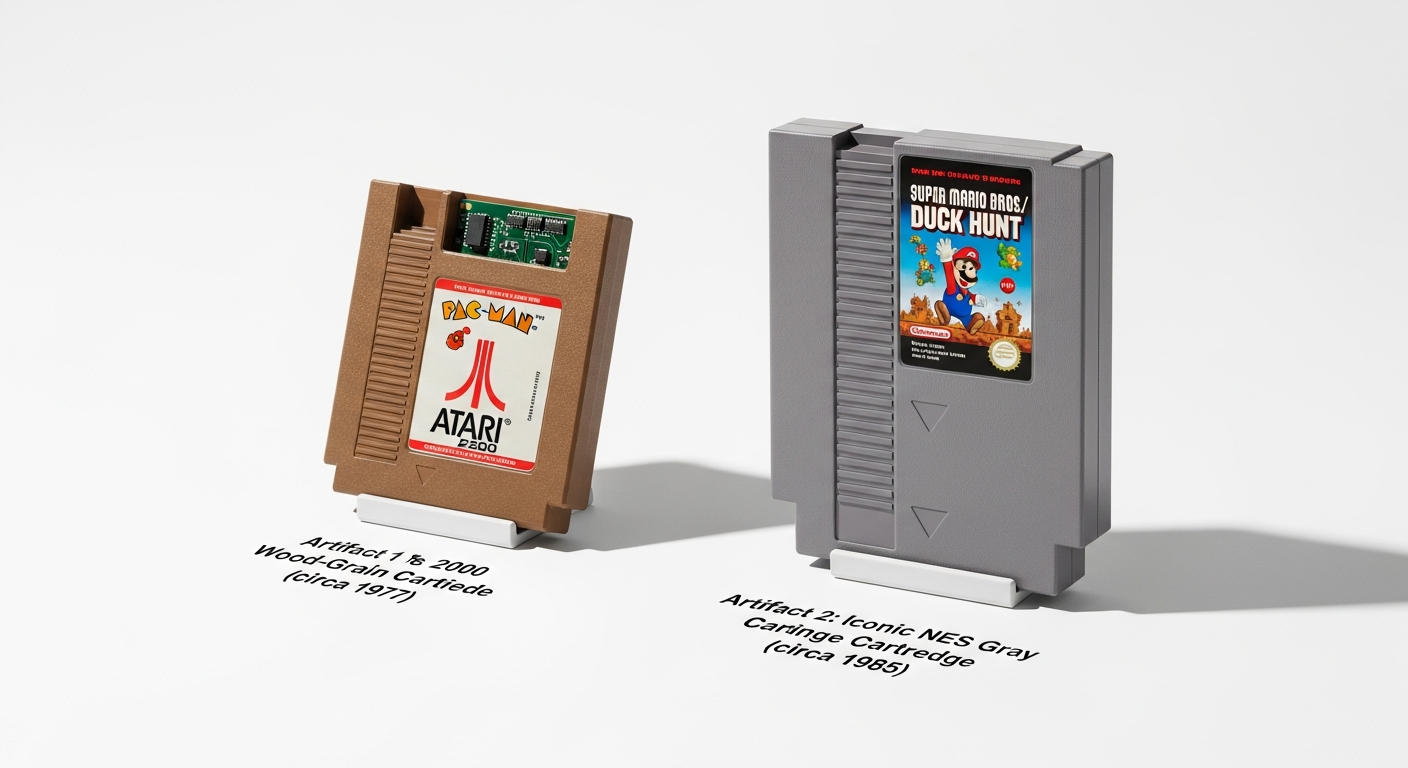 Evolución de soportes gaming: cartucho Atari a descarga digital, pasando por NES, PlayStation y Evercade.