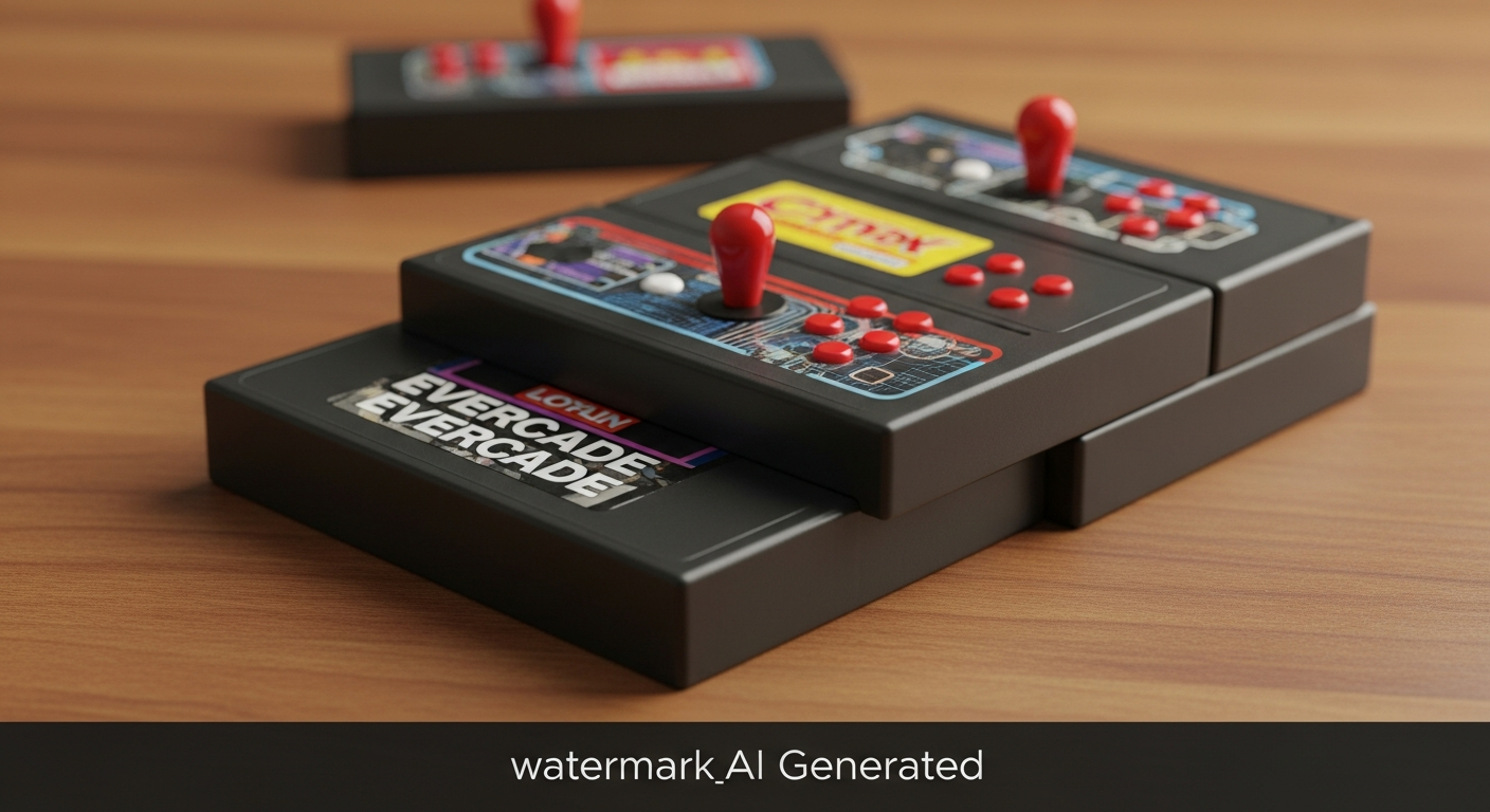 Cartuchos Evercade con portadas coloridas sobre madera, iluminación cálida y atmósfera nostálgica.