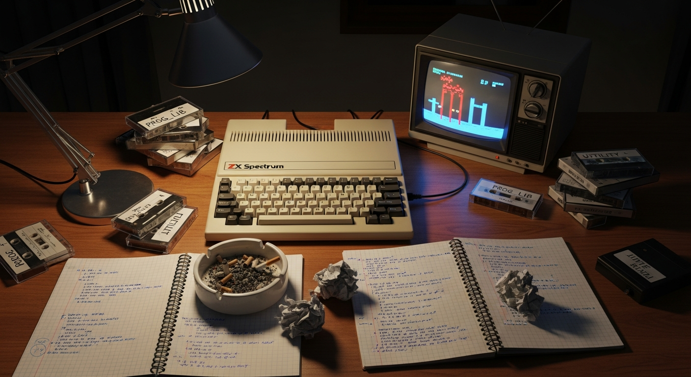 ZX Spectrum conectado a televisor CRT rodeado de casetes y código manuscrito, años 80.