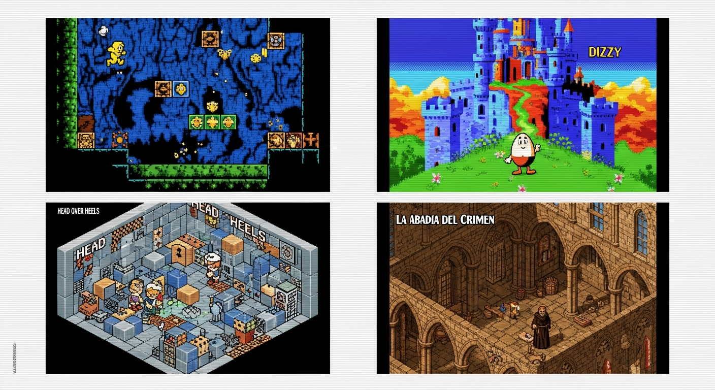 Cuatro clásicos del Spectrum: Manic Miner, Dizzy, Head Over Heels y La Abadía del Crimen mostrando su estilo gráfico característico.