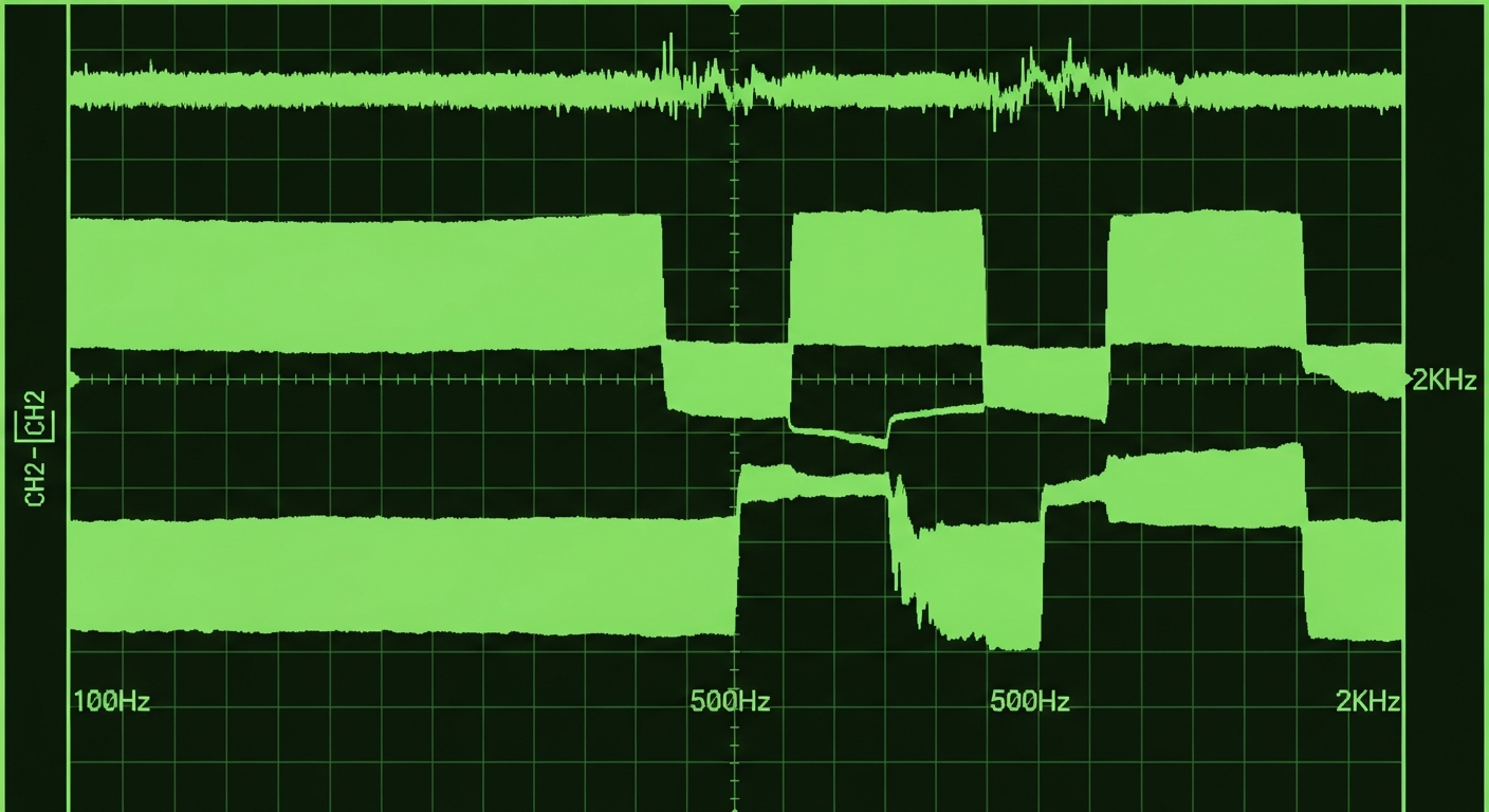 Diagrama técnico de ondas sonoras 1-bit del ZX Spectrum, visualización estilo osciloscopio con pantalla verde.