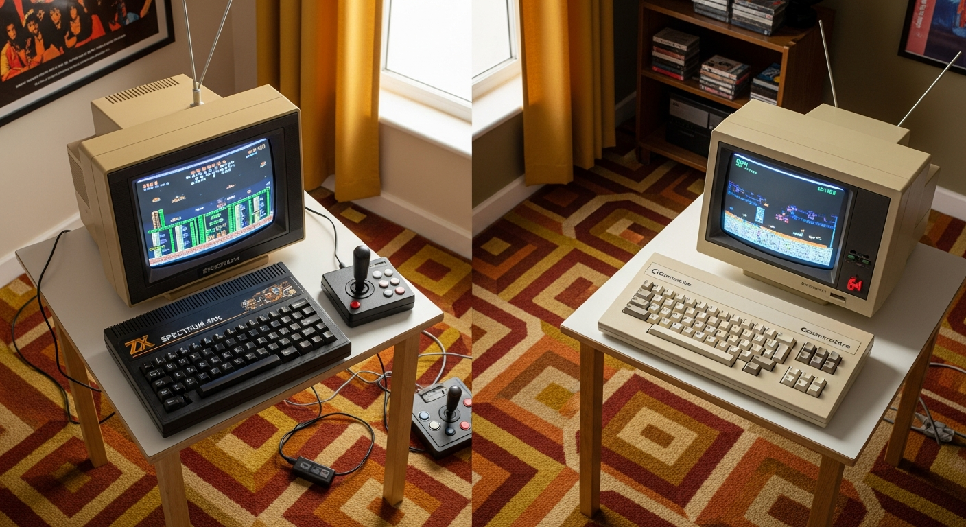 ZX Spectrum 48K y Commodore 64 conectados a televisores CRT, vista superior años 80.