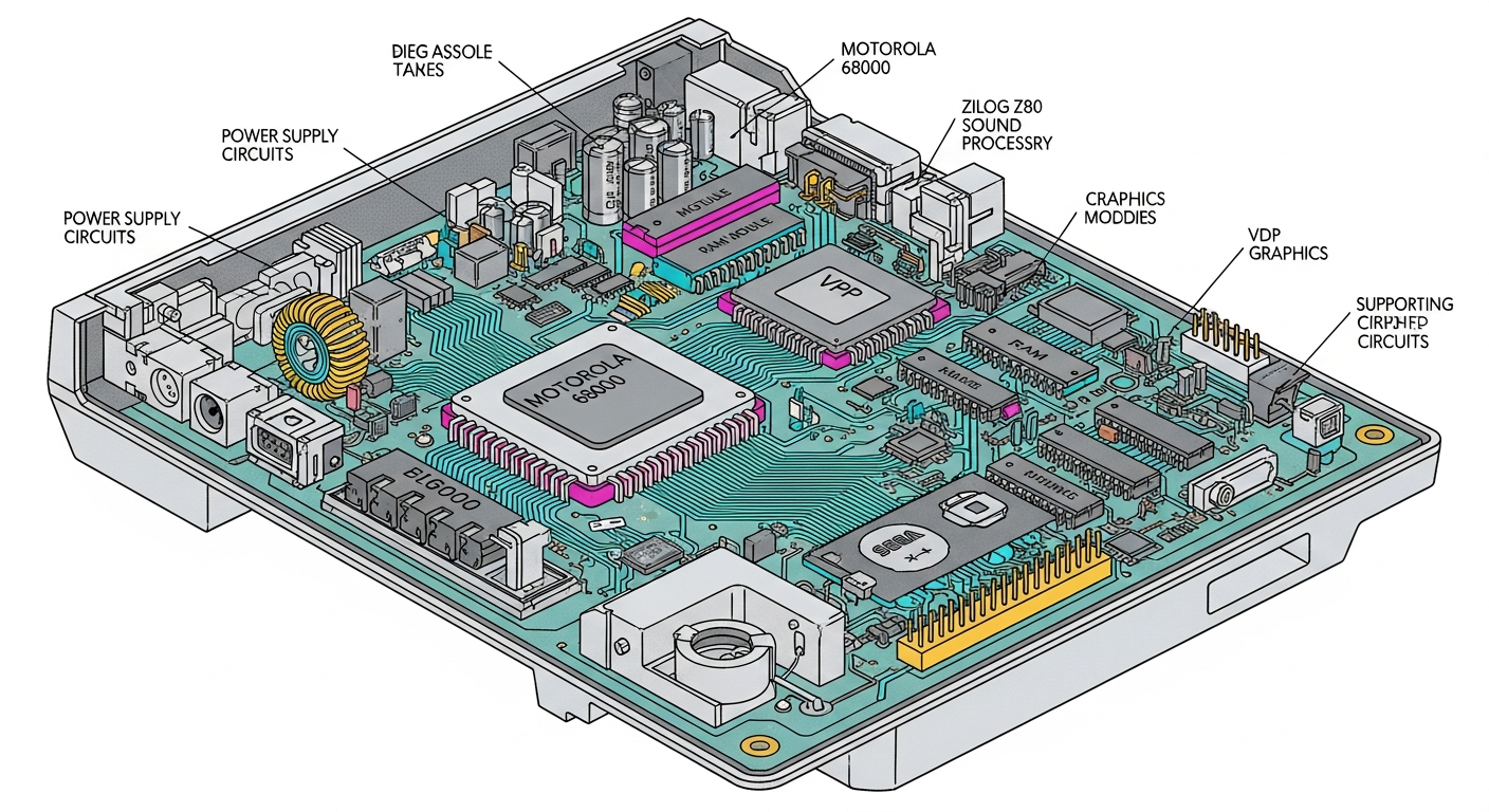 Diagrama técnico de arquitectura interna Mega Drive: CPU 68000, Z80, VDP, chips RAM.