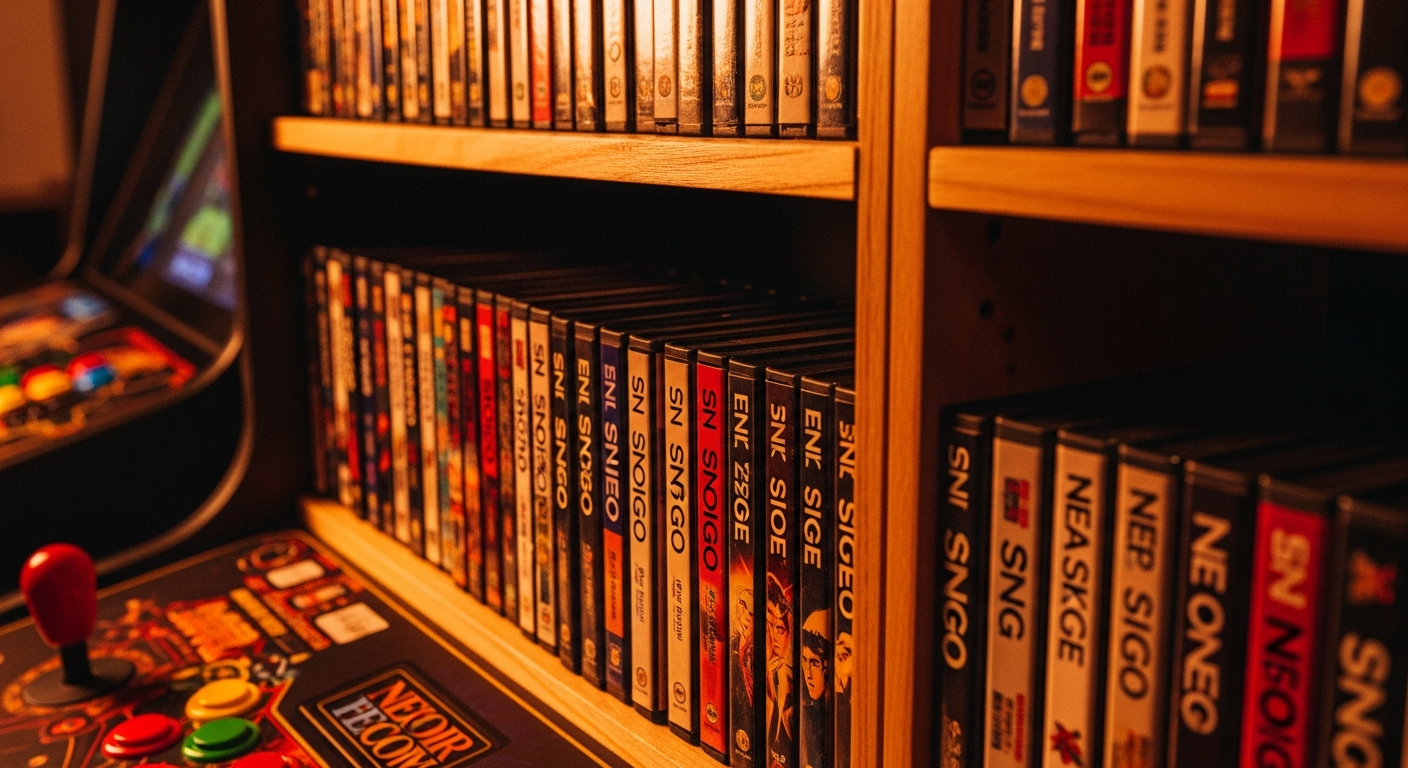 Neo Geo arcade cabinet y coleccionista examinando cartuchos raros de plataformas retro clásicas.