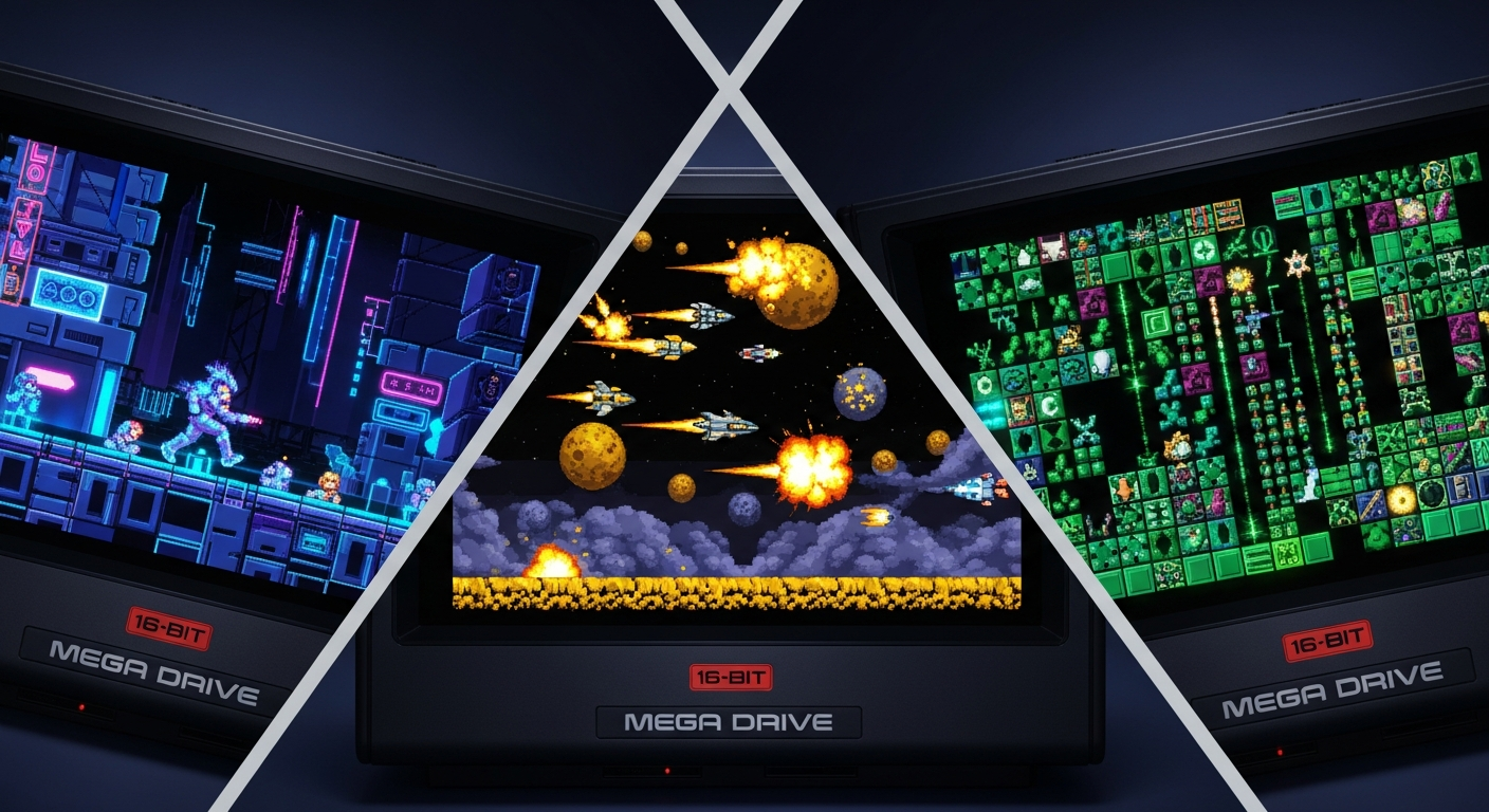 Tres juegos homebrew Mega Drive con gráficos pixel art y scanlines auténticos 16-bit.