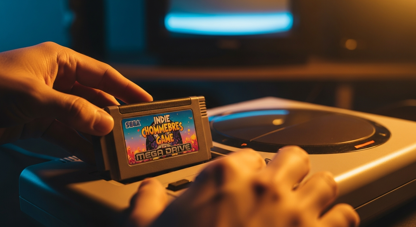 Manos insertando cartucho homebrew colorido en Sega Mega Drive, iluminación nostálgica, setup retrogaming.