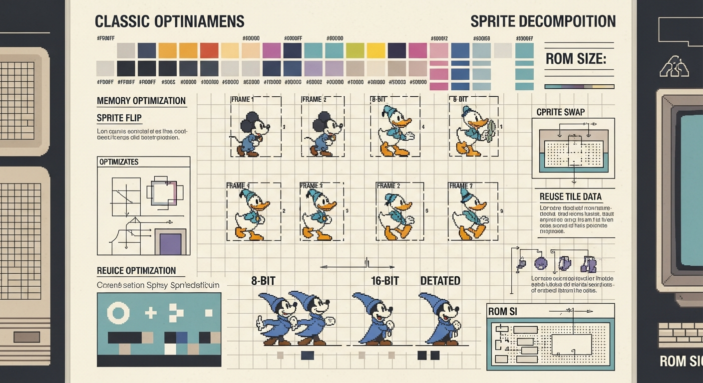 Hoja de sprites de Aladdin: descomposición de animaciones, paleta de colores y optimización de memoria.