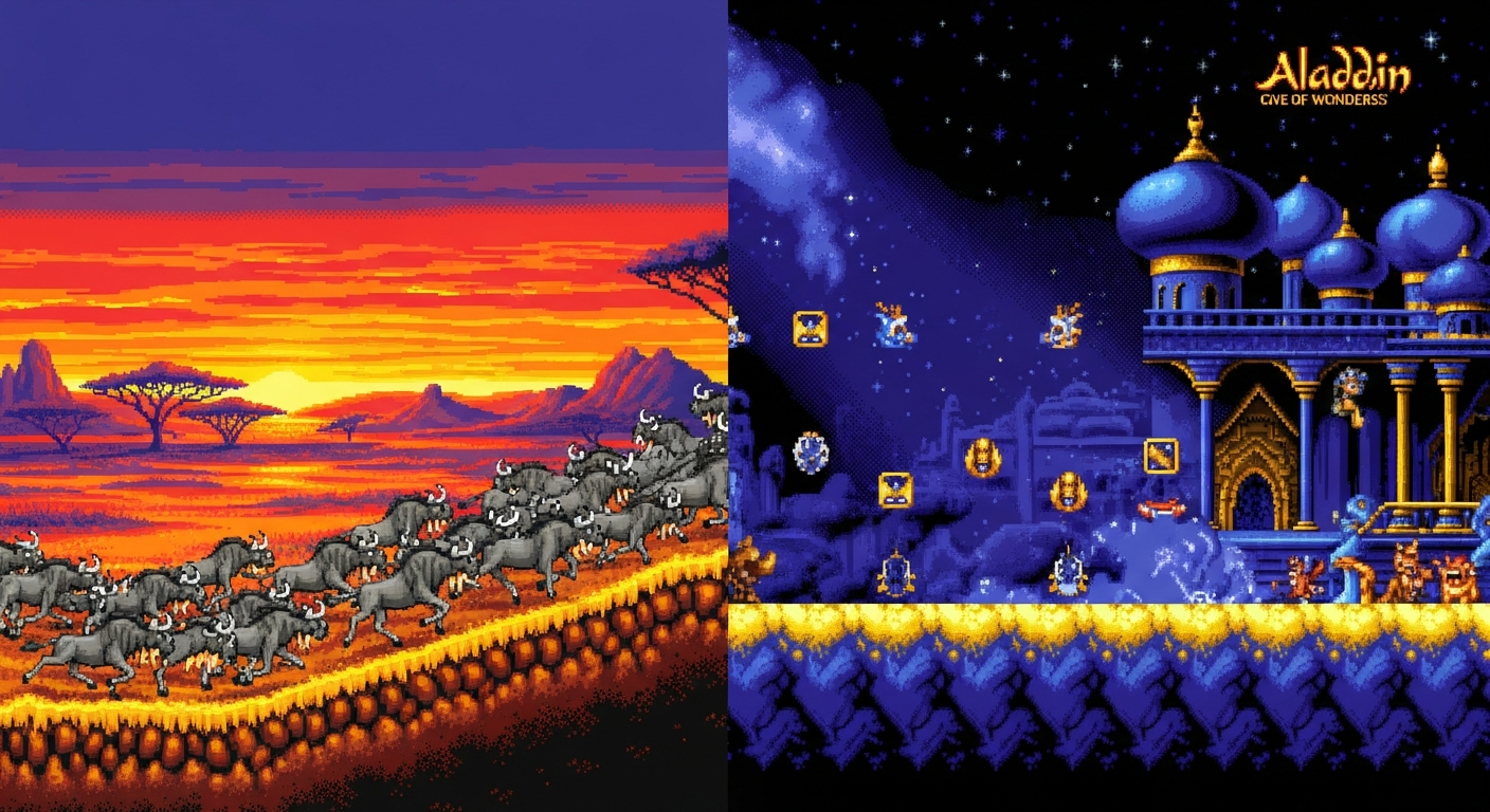SNES Lion King Mode 7 vs Mega Drive Aladdin: diferencias técnicas 16-bit Disney.