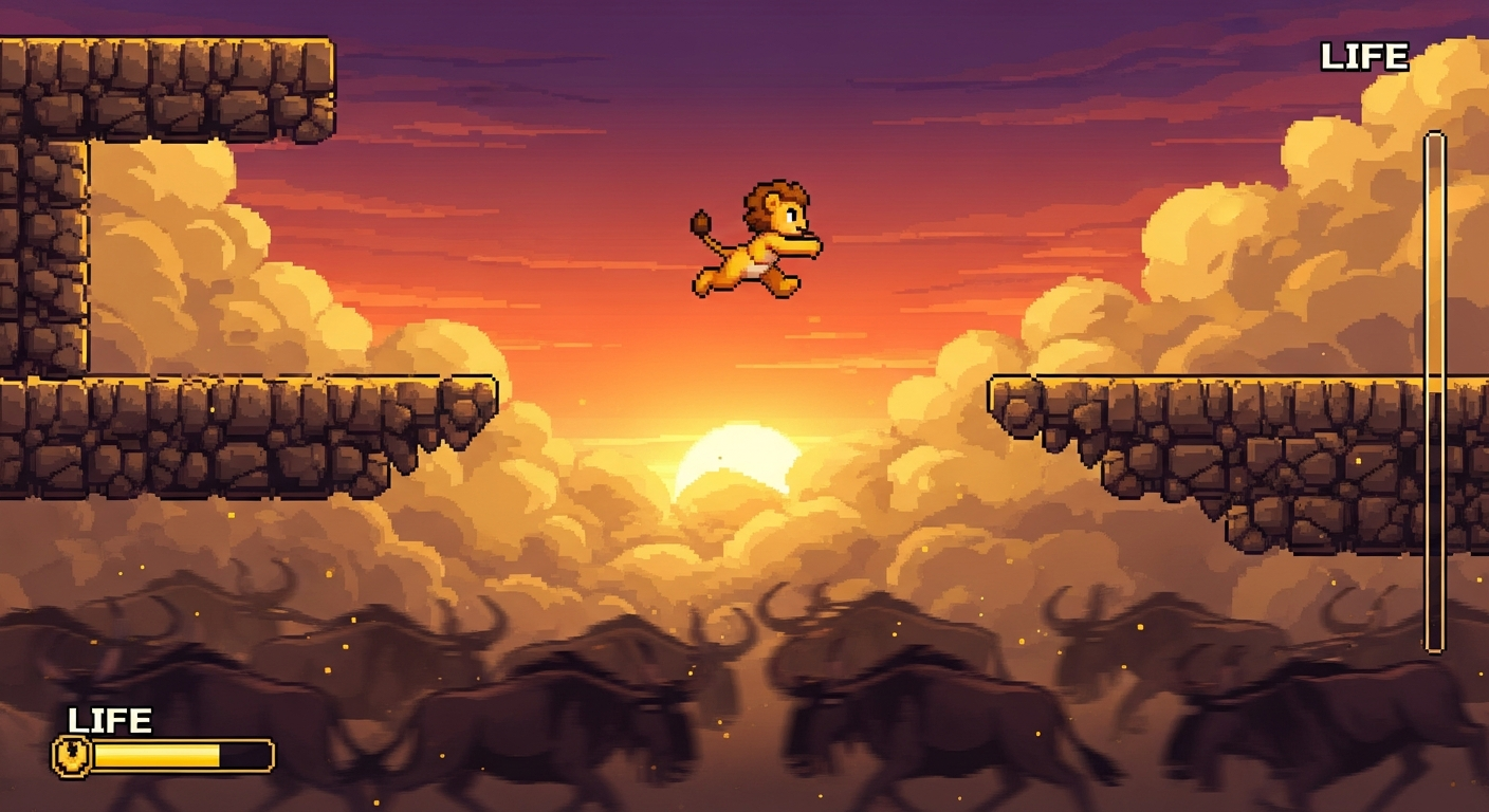 Simba escapando de los ñus en el nivel más frustrante de El Rey León SNES.