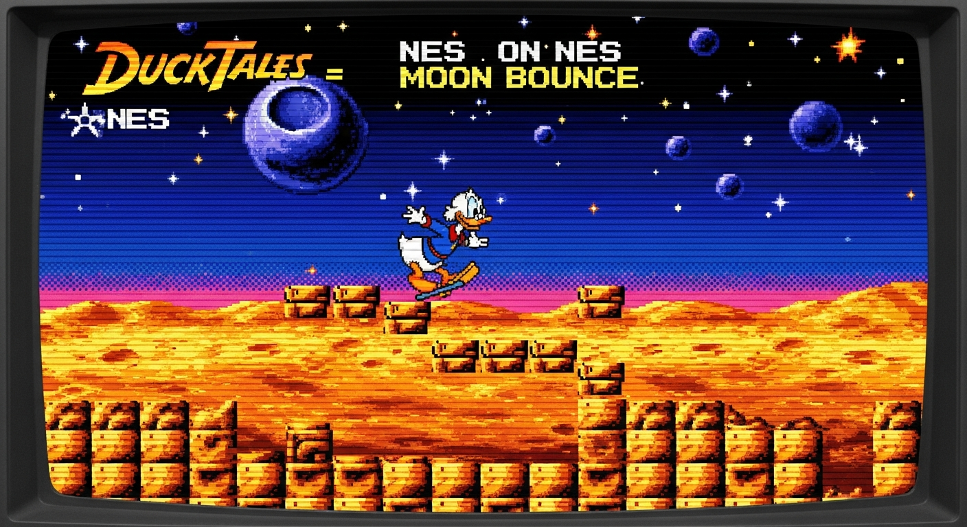 Comparativa DuckTales NES: salto pogo de Tío Gilito, gráficos 8-bit, nivel Luna clásico.
