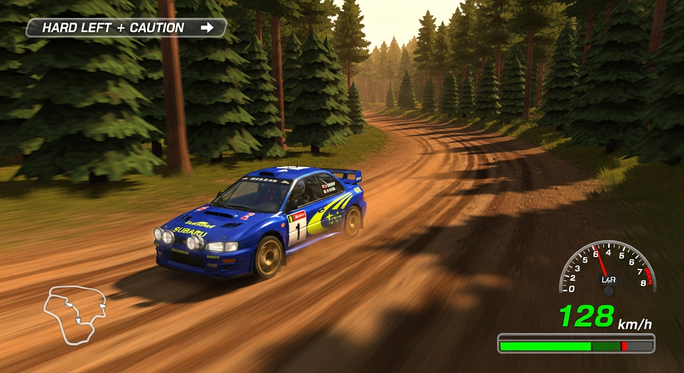Subaru Impreza en pista de barro, Colin McRae Rally PlayStation 1998, gráficos 3D realistas.