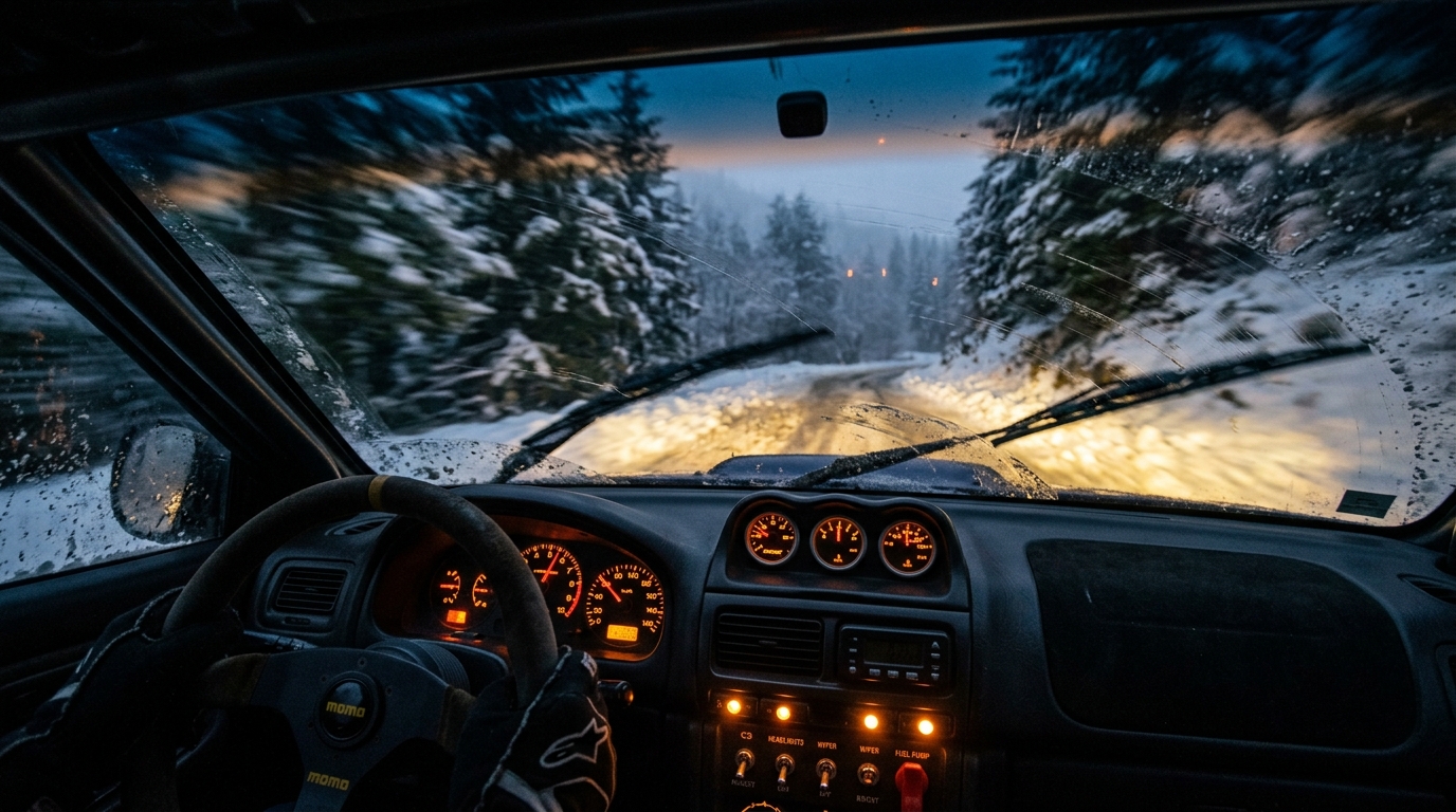 Captura de Colin McRae Rally mostrando diferentes terrenos: lluvia en UK, nieve en Suecia, asfalto italiano, polvo griego.