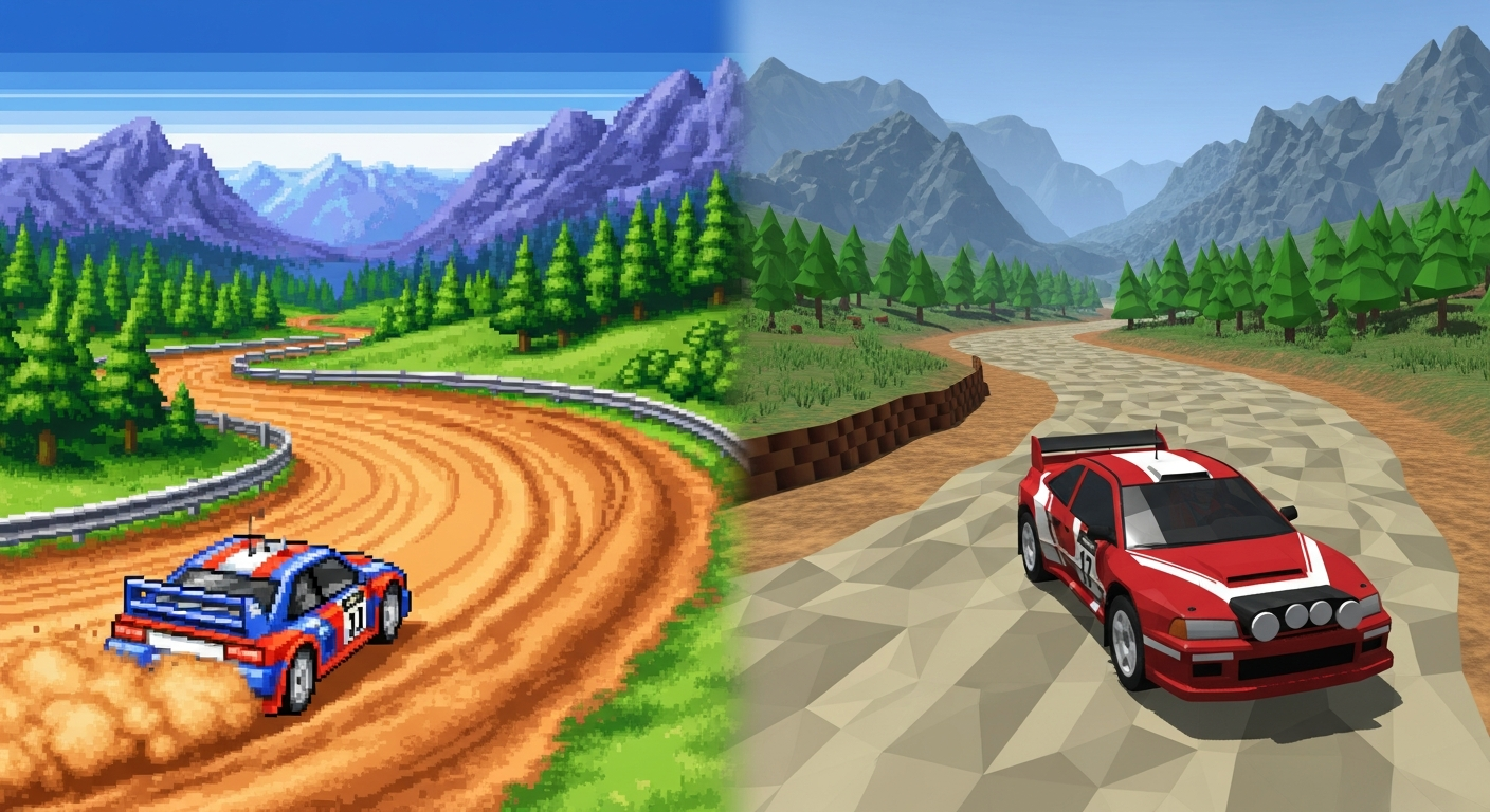 Evolución gráfica: de sprites 16-bit a polígonos 3D en juegos de rally de los 90.