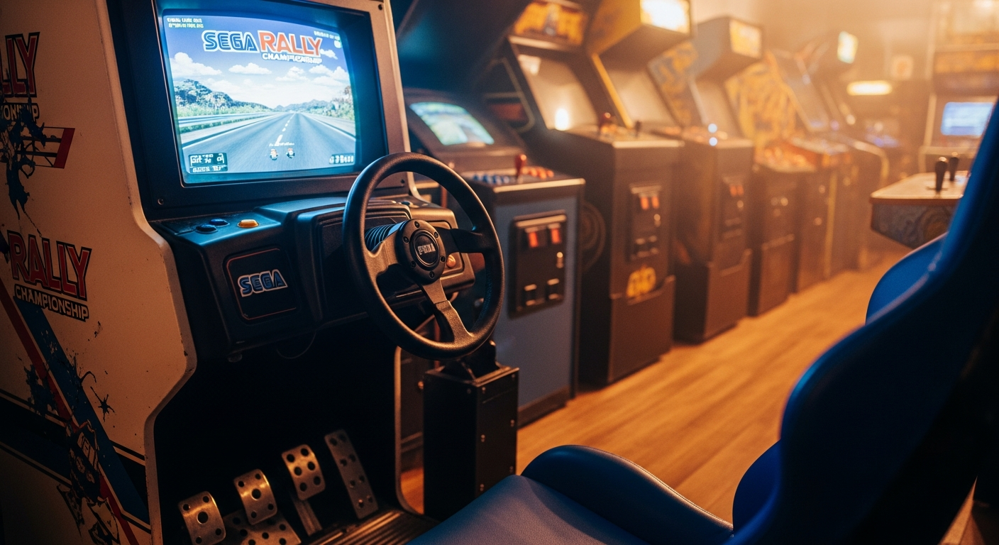 Cabina arcade Sega Rally Championship con volante azul en salón recreativo español años 90.