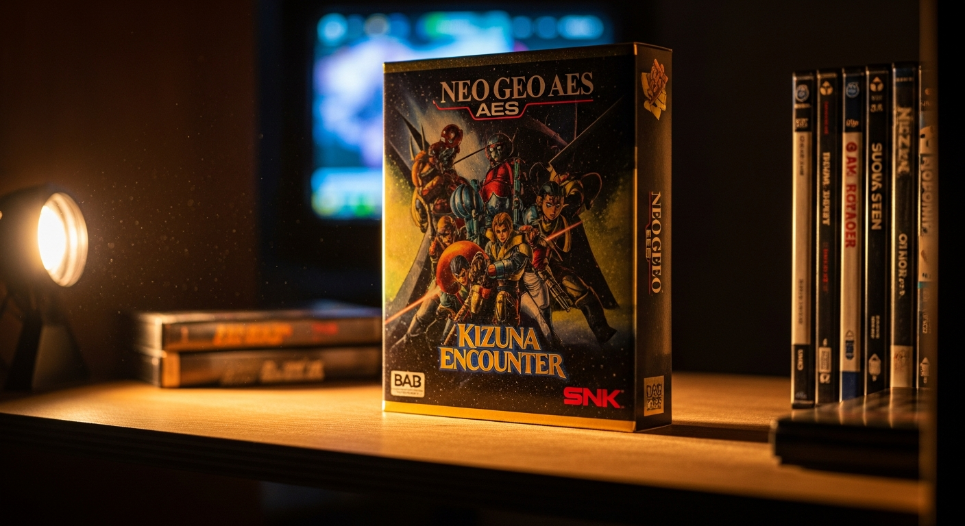 Cartucho Neo Geo AES Kizuna Encounter en caja original, logo SNK rojo, colección vintage.