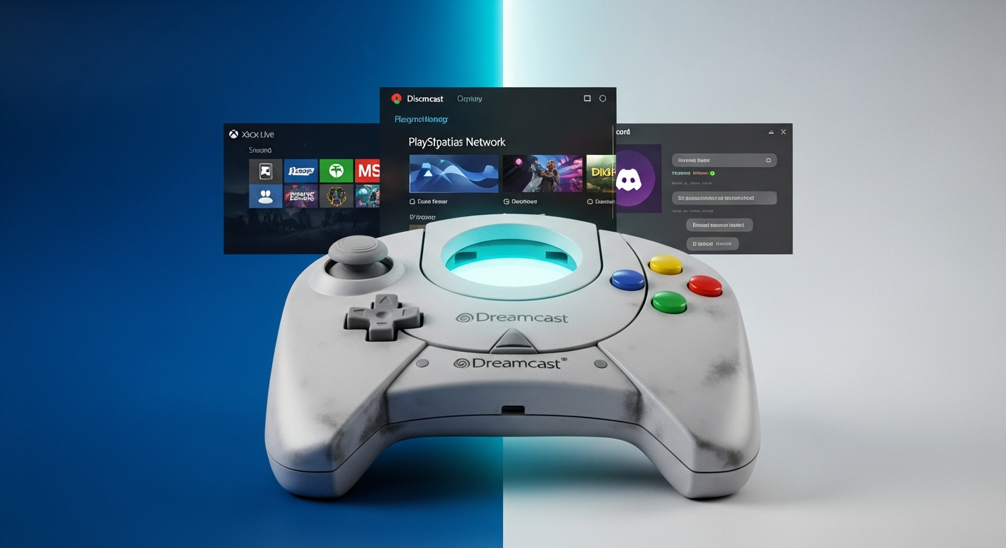 Controlador Dreamcast desvanecido frente a interfaces modernas Xbox Live y PlayStation Network, evolución del gaming online.