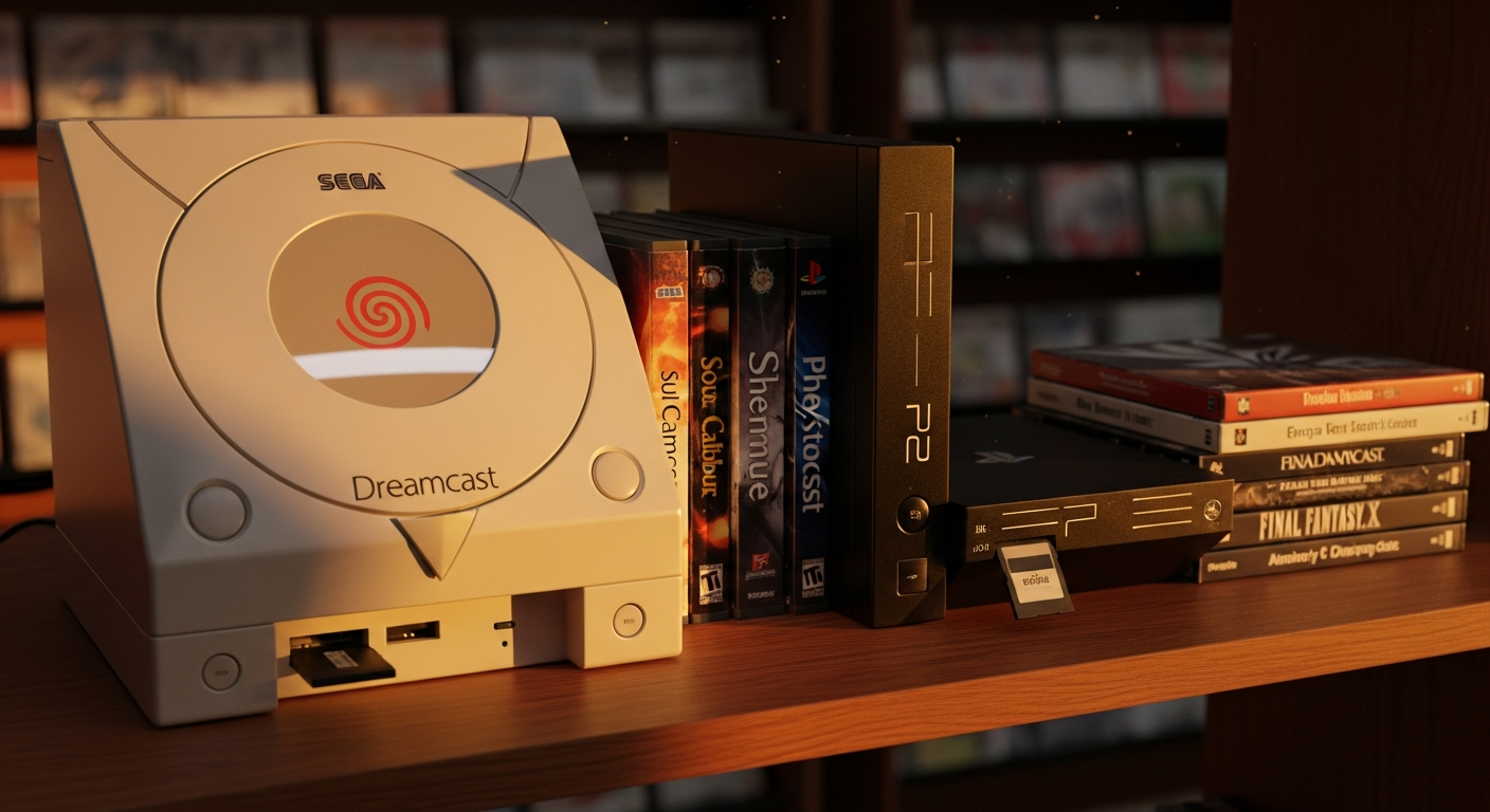 Dreamcast y PlayStation 2 juntas en estantería retail, consolas rivales de principios 2000.