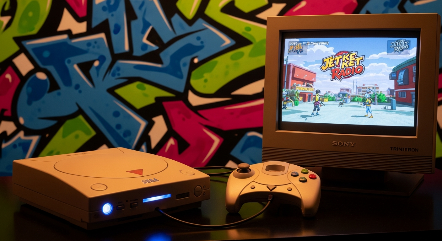 Captura de Jet Set Radio en Dreamcast: personajes cel-shading en movimiento fluido, colores vibrantes.