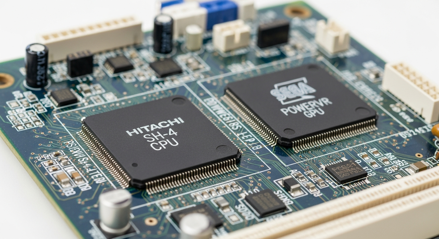 Placa base Dreamcast con CPU Hitachi SH-4 y GPU PowerVR, componentes etiquetados.