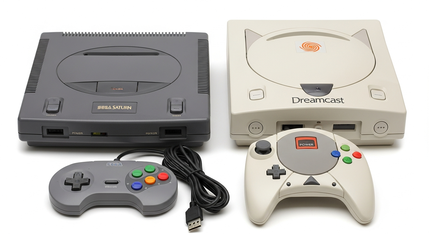 Sega Saturn y Dreamcast lado a lado, evolución del diseño de consolas.