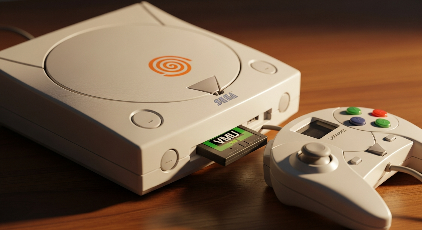 Consola Sega Dreamcast blanca con logo naranja, VMU en controlador, fotografía nostálgica.